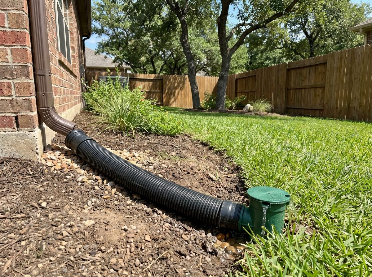 Buried downspout drain line and pop-up emitter in a lawn
