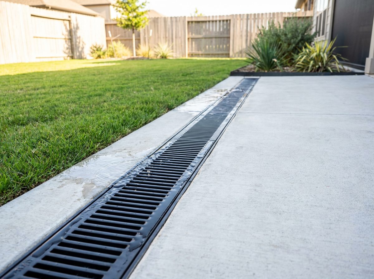 Channel drain grate capturing surface water on a patio