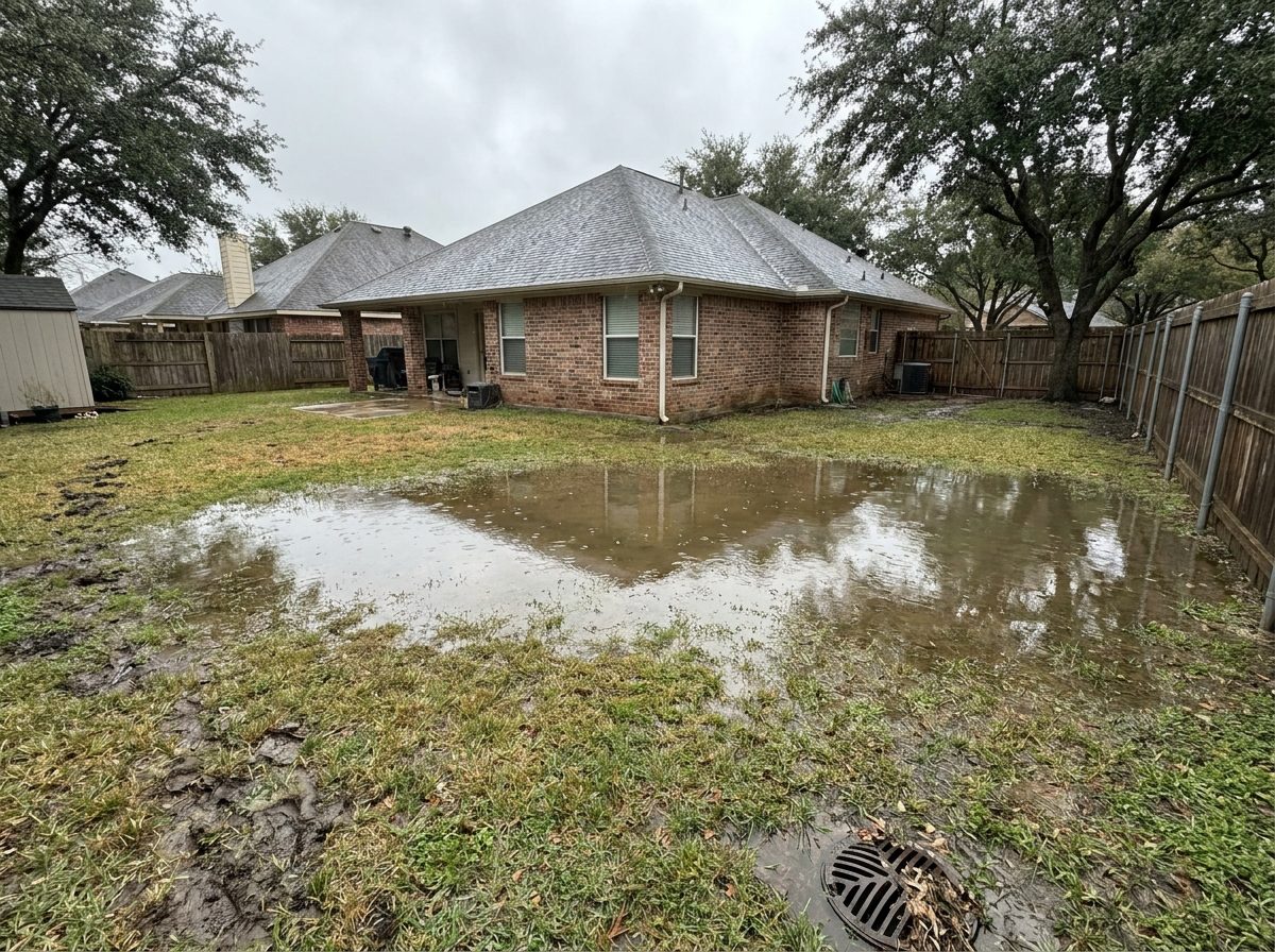 Standing water on a soggy Central Texas lawn before drainage